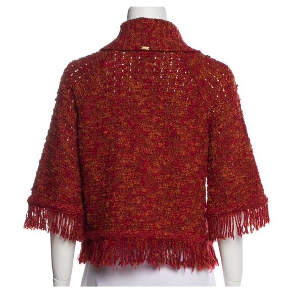 St. John Sweater Jacket Rustic Red Orange Wool Blend Fringe Signature Logo Sz P - Picture 3 of 3